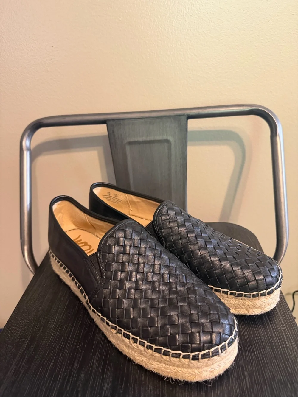 Sam Edelman Catherine Woven Platform Espadrilles Black Leather Slip On 8